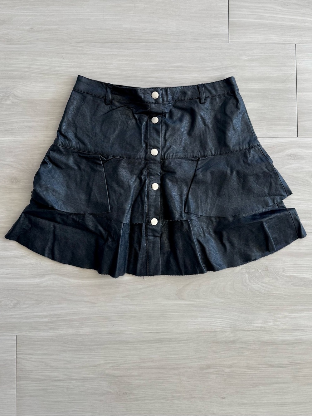 Love Tree Black Tiered Faux Leather Button-Front Mini Skirt